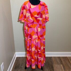 PrettyGarden Pink Orange Yellow Red Short Sleeve Maxi Dress Size XL